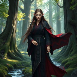 A mystical forest elf female Monk, standing gracefully amidst a lush, enchanted forest