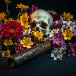 A striking and artistic composition featuring a surreal backdrop of vibrant flowers in full bloom surrounding a baseball bat, which is lying prominently in the foreground