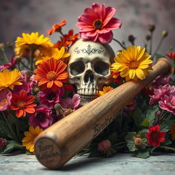 A striking and artistic composition featuring a surreal backdrop of vibrant flowers in full bloom surrounding a baseball bat, which is lying prominently in the foreground