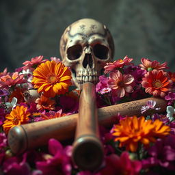 A striking and artistic composition featuring a surreal backdrop of vibrant flowers in full bloom surrounding a baseball bat, which is lying prominently in the foreground