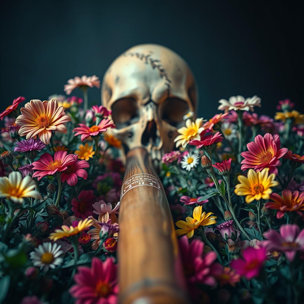 A striking and artistic composition featuring a surreal backdrop of vibrant flowers in full bloom surrounding a baseball bat, which is lying prominently in the foreground