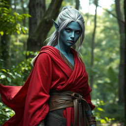 A tough female forest elf monk with silver hair and night blue skin standing confidently in a serene forest setting