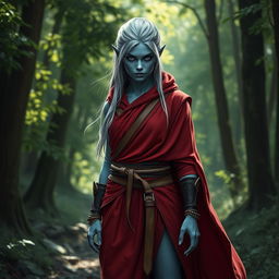 A tough female forest elf monk with silver hair and night blue skin standing confidently in a serene forest setting