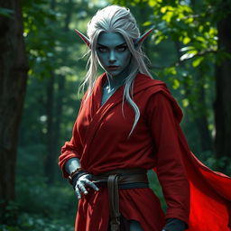 A tough female forest elf monk with silver hair and night blue skin standing confidently in a serene forest setting