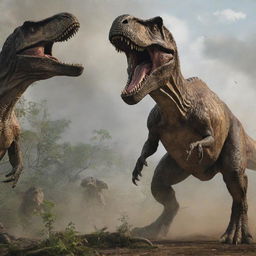 In an unexpected twist, the towering Tyrannosaurus Rex arrives and confronts the attacking Velociraptors, diverting their attention away from the fleeing visitors. The tense standoff between the prehistoric titans fills the scene with awe and dread.