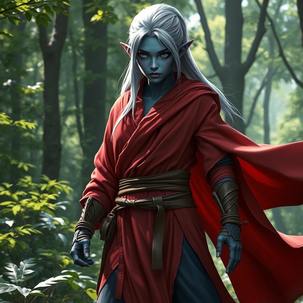 A tough female forest elf monk with silver hair and night blue skin standing confidently in a serene forest setting