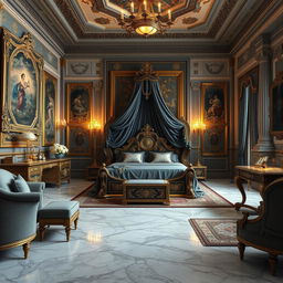 A stunning interior image of a high fantasy palace bed chamber fit for an emperor, exuding a Roman aesthetic with exquisite gold and gray accents