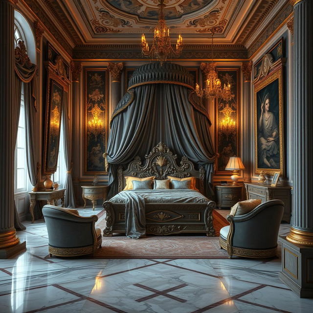 A stunning interior image of a high fantasy palace bed chamber fit for an emperor, exuding a Roman aesthetic with exquisite gold and gray accents