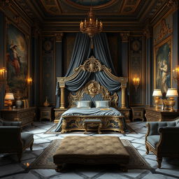 A stunning interior image of a high fantasy palace bed chamber fit for an emperor, exuding a Roman aesthetic with exquisite gold and gray accents