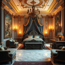 A stunning interior image of a high fantasy palace bed chamber fit for an emperor, exuding a Roman aesthetic with exquisite gold and gray accents