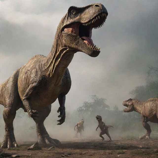 In an unexpected twist, the towering Tyrannosaurus Rex arrives and confronts the attacking Velociraptors, diverting their attention away from the fleeing visitors. The tense standoff between the prehistoric titans fills the scene with awe and dread.