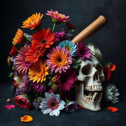 A captivating composition featuring a surreal arrangement of vibrant flowers in various colors, a baseball bat elegantly positioned, and a detailed skull, all set against a dark and moody background