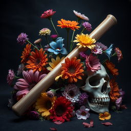 A captivating composition featuring a surreal arrangement of vibrant flowers in various colors, a baseball bat elegantly positioned, and a detailed skull, all set against a dark and moody background