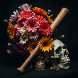 A captivating composition featuring a surreal arrangement of vibrant flowers in various colors, a baseball bat elegantly positioned, and a detailed skull, all set against a dark and moody background