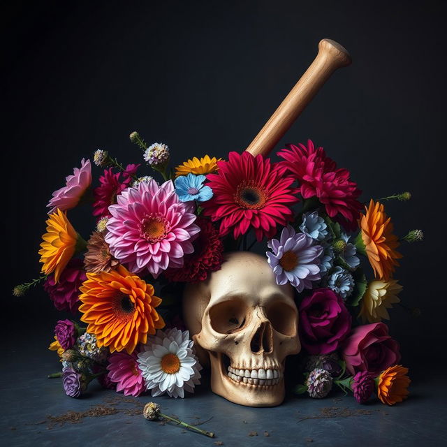 A captivating composition featuring a surreal arrangement of vibrant flowers in various colors, a baseball bat elegantly positioned, and a detailed skull, all set against a dark and moody background