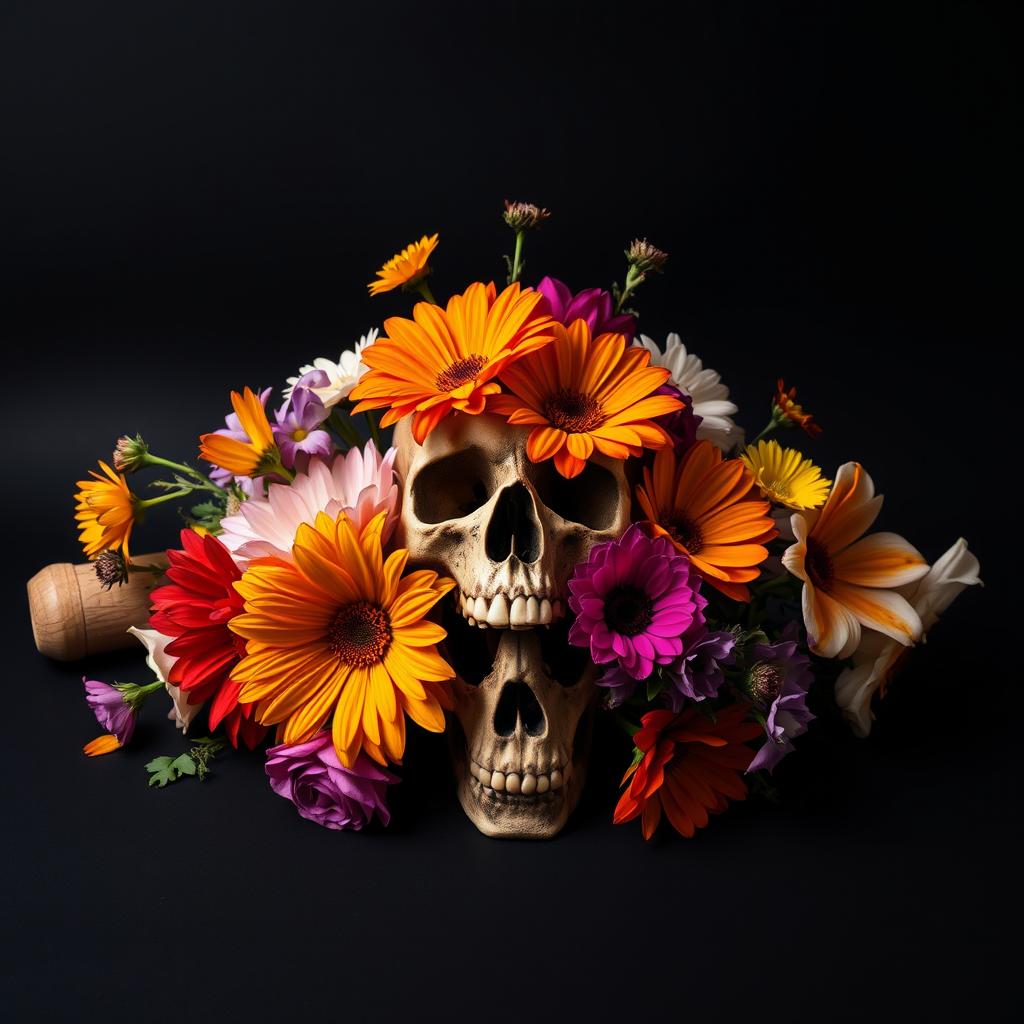 An artistic composition featuring a striking arrangement of vibrant flowers in various colors alongside a baseball bat and a detailed skull, all set against a pitch-black background