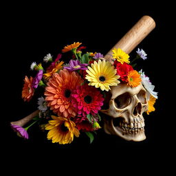 An artistic composition featuring a striking arrangement of vibrant flowers in various colors alongside a baseball bat and a detailed skull, all set against a pitch-black background