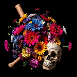 An artistic composition featuring a striking arrangement of vibrant flowers in various colors alongside a baseball bat and a detailed skull, all set against a pitch-black background