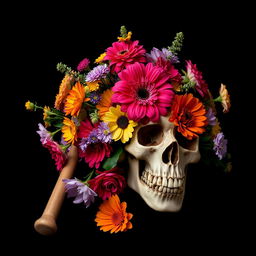 An artistic composition featuring a striking arrangement of vibrant flowers in various colors alongside a baseball bat and a detailed skull, all set against a pitch-black background