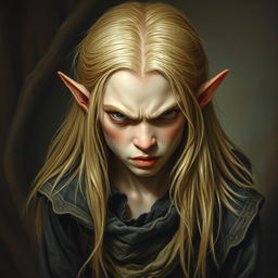 A captivating Renaissance-style painting depicting an angry half-elf boy with long, straight blonde hair and pale skin, exuding an extremely menacing aura