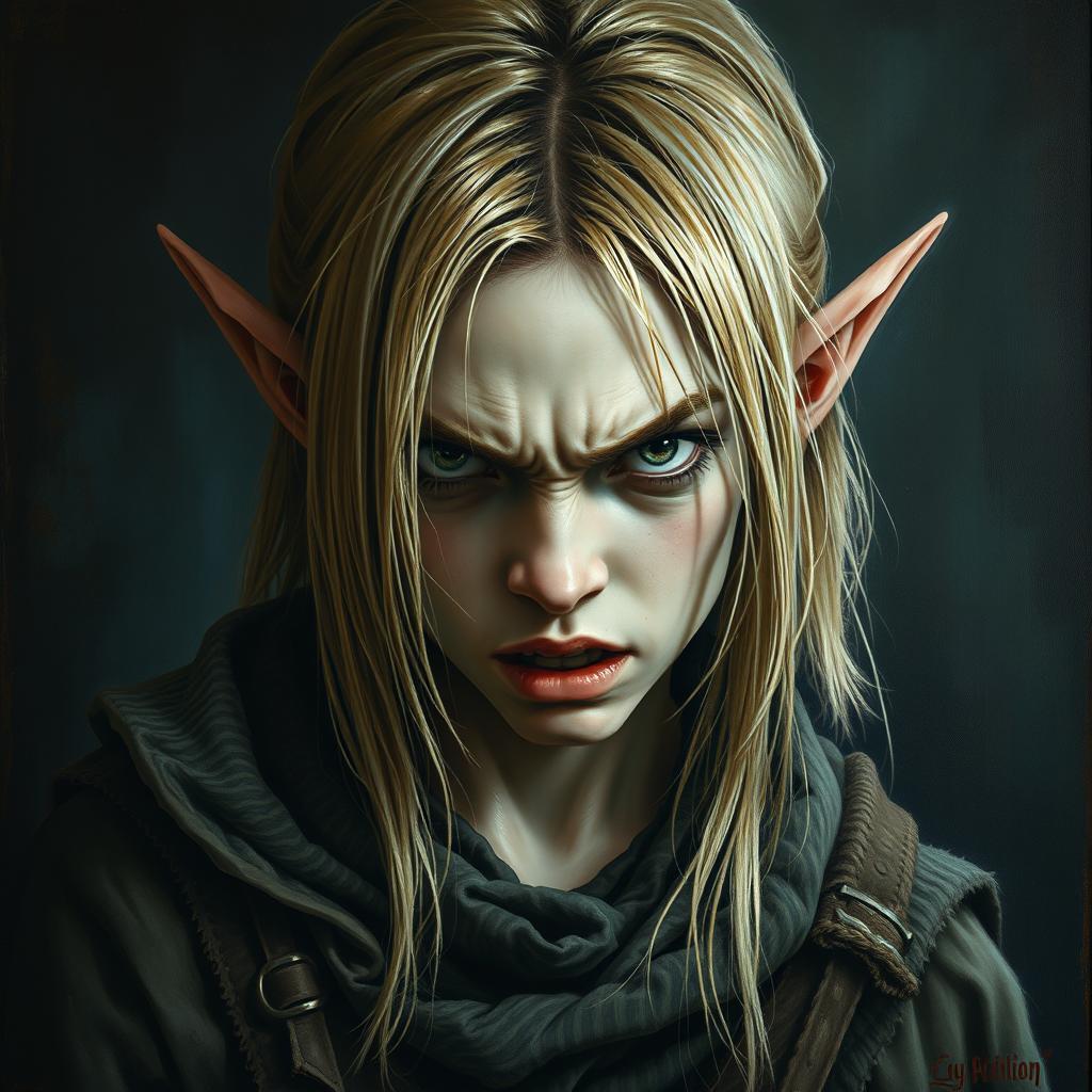 A captivating Renaissance-style painting depicting an angry half-elf boy with long, straight blonde hair and pale skin, exuding an extremely menacing aura