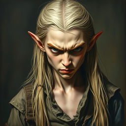 A captivating Renaissance-style painting depicting an angry half-elf boy with long, straight blonde hair and pale skin, exuding an extremely menacing aura