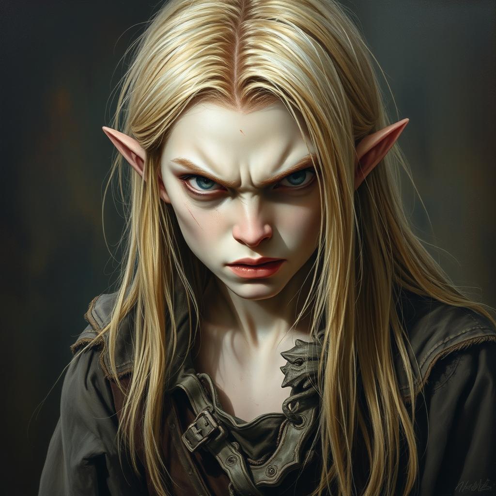 A captivating Renaissance-style painting depicting an angry half-elf boy with long, straight blonde hair and pale skin, exuding an extremely menacing aura