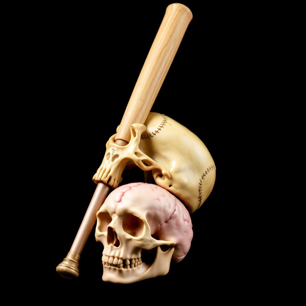 A dramatic and intriguing composition featuring a baseball bat, a detailed skull, and a brain, all arranged artistically against a black background