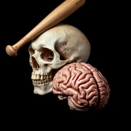 A dramatic and intriguing composition featuring a baseball bat, a detailed skull, and a brain, all arranged artistically against a black background