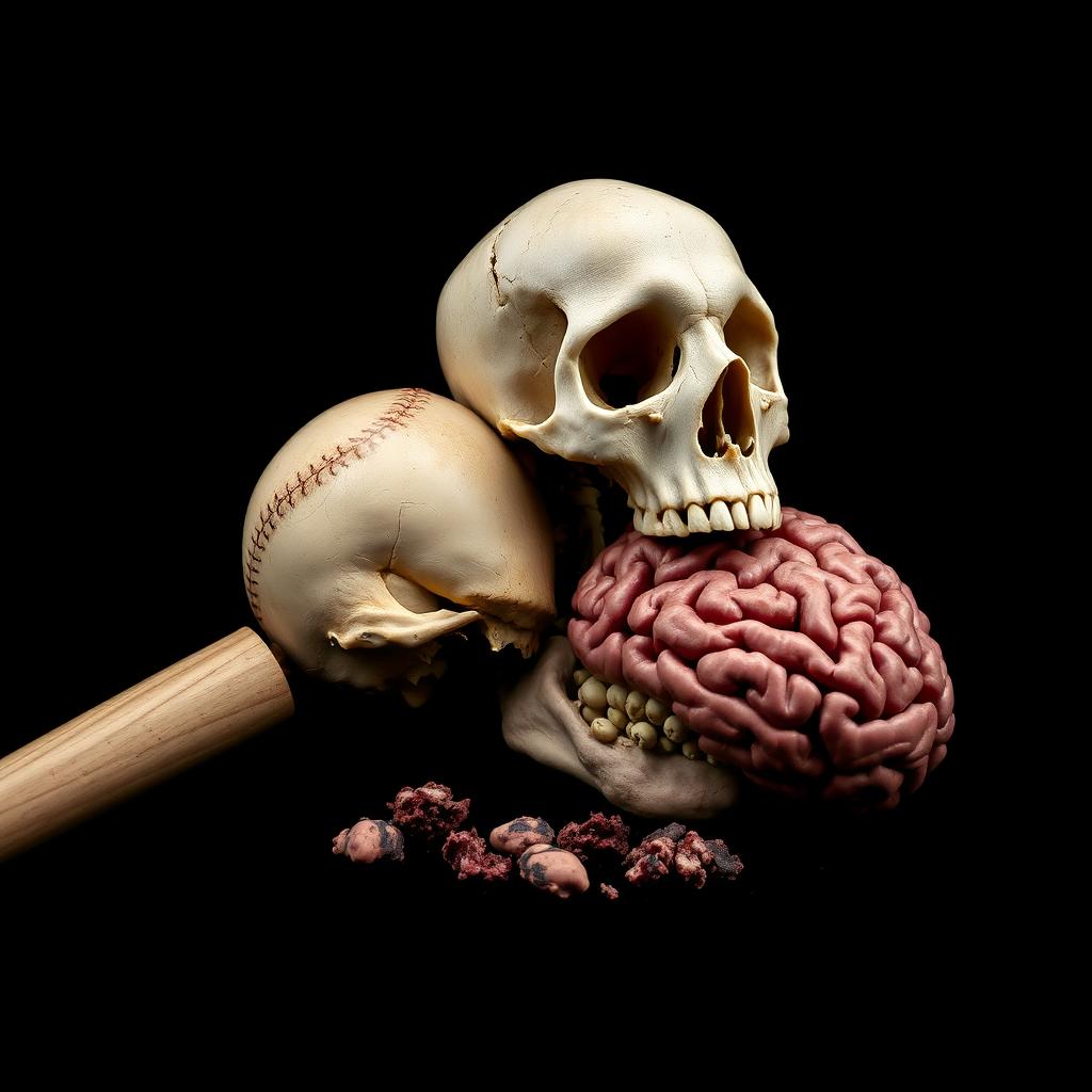 A dramatic and intriguing composition featuring a baseball bat, a detailed skull, and a brain, all arranged artistically against a black background