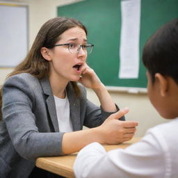 A passionate teacher engaging in deep philosophical discourse, asking an intriguiged student if they can see or touch God. They're in a thoughtful and respectful classroom environment.