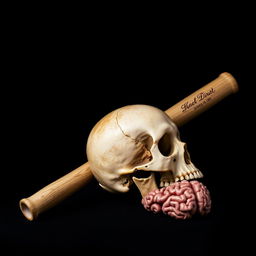 A dramatic and intriguing composition featuring a baseball bat, a detailed skull, and a brain, all arranged artistically against a black background