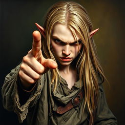 A striking Renaissance-style full-body painting of an angry half-elf boy with long, straight blonde hair and pale skin, striking an extremely menacing pose as he points his finger outward