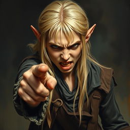 A striking Renaissance-style full-body painting of an angry half-elf boy with long, straight blonde hair and pale skin, striking an extremely menacing pose as he points his finger outward