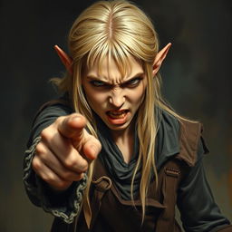 A striking Renaissance-style full-body painting of an angry half-elf boy with long, straight blonde hair and pale skin, striking an extremely menacing pose as he points his finger outward