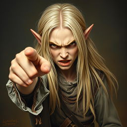 A striking Renaissance-style full-body painting of an angry half-elf boy with long, straight blonde hair and pale skin, striking an extremely menacing pose as he points his finger outward