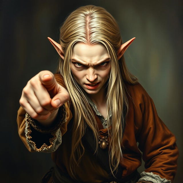 A striking Renaissance-style full-body painting of an angry half-elf boy with long, straight blonde hair and pale skin, striking an extremely menacing pose as he points his finger outward