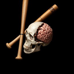 A striking and intense composition featuring a baseball bat, a detailed skull, and a dramatically rendered smashed brain, all set against a stark black background