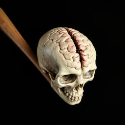 A striking and intense composition featuring a baseball bat, a detailed skull, and a dramatically rendered smashed brain, all set against a stark black background