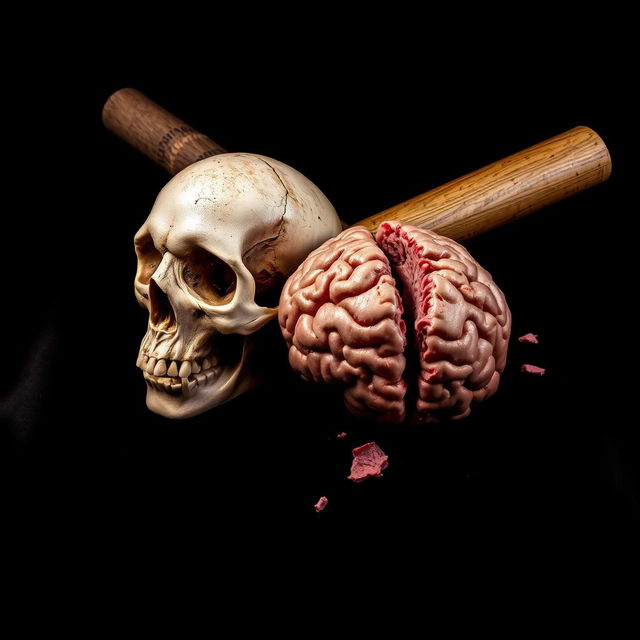 A striking and intense composition featuring a baseball bat, a detailed skull, and a dramatically rendered smashed brain, all set against a stark black background