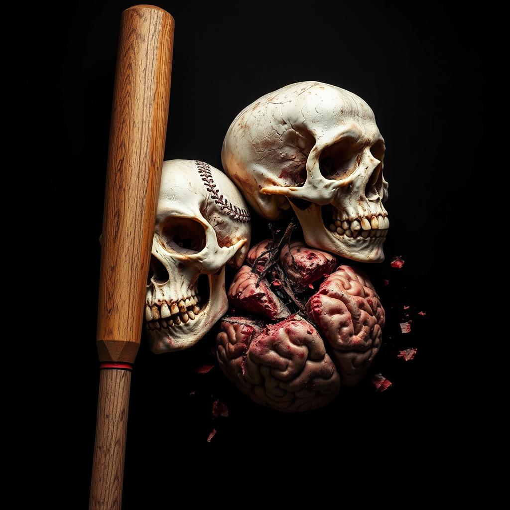 A striking and intense composition featuring a baseball bat, a detailed skull, and a dramatically rendered smashed brain, all set against a stark black background