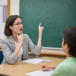 A passionate teacher engaging in deep philosophical discourse, asking an intriguiged student if they can see or touch God. They're in a thoughtful and respectful classroom environment.