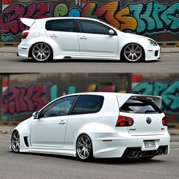 A 2008 Volkswagen R32 with an aggressive body kit, showcased in a series of all-angle views