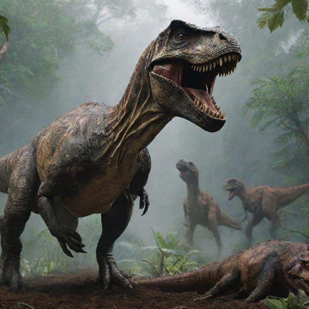 Victorious, the Tyrannosaurus Rex leaves behind the lifeless bodies of the Velociraptors. Their remains, a chilling and grim testament to the savage power struggle that unfolded, lie in stark contrast to the once-flourishing Jurassic Park.