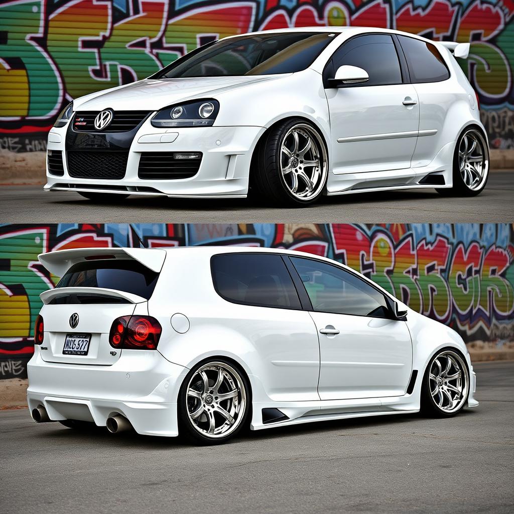 A 2008 Volkswagen R32 with an aggressive body kit, showcased in a series of all-angle views