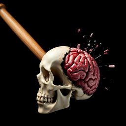 A striking and intense composition featuring a baseball bat, a detailed skull, and a vividly depicted smashed brain, all set against a deep black background