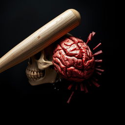 A striking and intense composition featuring a baseball bat, a detailed skull, and a vividly depicted smashed brain, all set against a deep black background