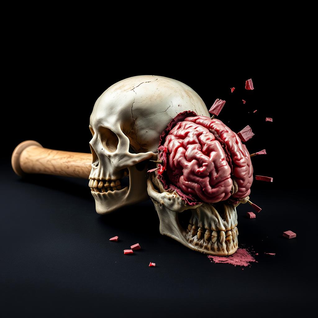 A striking and intense composition featuring a baseball bat, a detailed skull, and a vividly depicted smashed brain, all set against a deep black background