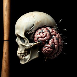 A striking and intense composition featuring a baseball bat, a detailed skull, and a vividly depicted smashed brain, all set against a deep black background