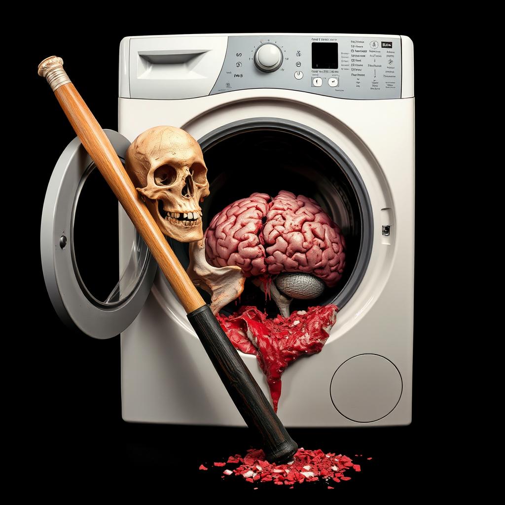 An unusual and striking composition featuring a baseball bat, a detailed skull, and a vividly depicted smashed brain inside a washing machine, all set against a deep black background